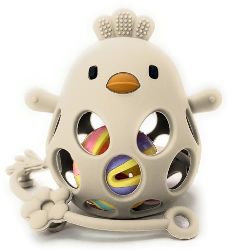 MÜVI - Mordedor bebé sensorial con sonajero y cadena, Mordedor de dentición +3 meses, Silicona alimentaria, suave y sin BPA, Fácil de agarrar y morder, Alivio para encías - Teether (Beige)
