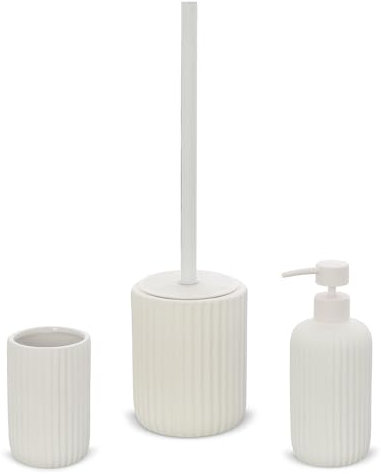 Inbagno Set Accessori Bagno 3 Pezzi in Ceramica Bianco cannettato, Dispenser Sapone portaspazzolini e portascopino Soft Touch, Spring
