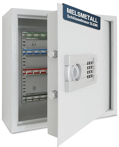 Melsmetall Schlüsseltresor SLE80 – Zahlenschloss & Notschlüssel, robuster Safe für 80 Schlüssel, höhenverstellbare Hakenleisten, stabiler Schlüsselschrank mit Zahlencode, Wandmontage (43x46x13cm)