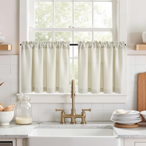 TOPICK Rideaux Cuisine Court Beige 90L x 45H(cm) pour Meuble Bas Placard Fenetre,à Passe Tringle Intérieurs,Petit Rideau Brise-Bise,Moderne,2 Panneaux