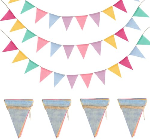 Bandierine Colorate, 4 PzFestoni Compleannos,Triangolo Bandiera Ghirlanda,Bandierine Compleanno,4 m Festoni in Juta Pastello per Decorazioni Compleanno Matrimonio Festa Casa(48 Festoni, 4 m x 4 Pz)