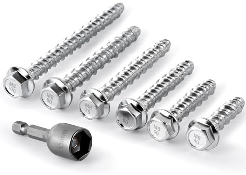KOVSGQ Vis Beton Sans Cheville Tirefond Bois M8x80 20Stk Vis à Béton à tête Hexagonale Galvanisée Avec Rondelle et clé à Douille Hexagonale Pour Maçonnerie Béton Architecture Industrie