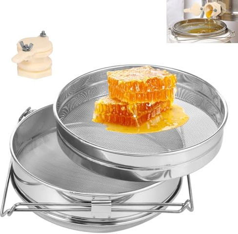 Centrifuga per miele, 23 cm, filtro per miele con doppio filtro F, un colino per miele in acciaio inox con supporto regolabile per secchio per miele da 5 galloni per uso domestico, azienda agricola