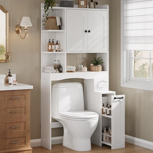 FEONASE - Mueble de almacenamiento para inodoro con polea, soporte de papel higiénico, puertas y estantes ajustables, armario de almacenamiento de inodoro blanco, solución de ahorro de espacio para