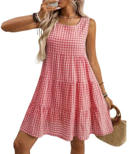 Robe courte à carreaux vichy sans manches pour femme, style babydoll | Robe d'été fluide et ample, coupe trapèze, idéale pour les vacances à la plage, style cottagecore, à carreaux vintage