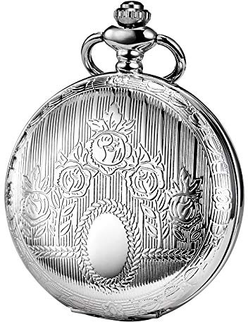 TREEWETO Reloj de bolsillo unisex con cadena, analógico, cuerda manual, reloj esqueleto con números romanos, plateado