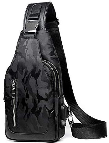 FANDARE Neu Brusttasche Herren Schultertasche Sling Bag Rucksack mit USB Umhängetasche Sporttasche für Wandern,Abenteuer,Sport, Reisen und Joggen Camo Schwarz C