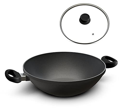 Hoffmann Großer Wok 32 cm I Feste Griffe I Elektroherd Induktionsherd Ceranfeld Gasherd I Made in Germany I Backofenfest bis 240 Grad I Ofen I Wokpan