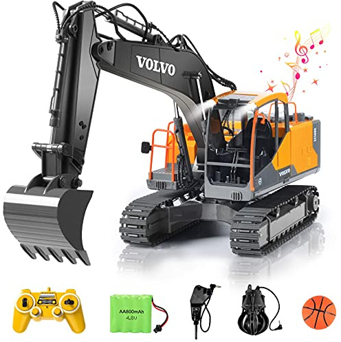 Double E Volvo 1:16 Scale Remote Control Excavator, 17 Channel 3-in-1 Construction Toy with Metal Shovel, Drill, Grab & Lights, 2.4GHz Full Function Digger for Outdoor Sandbox, Gift for Kids & Adults