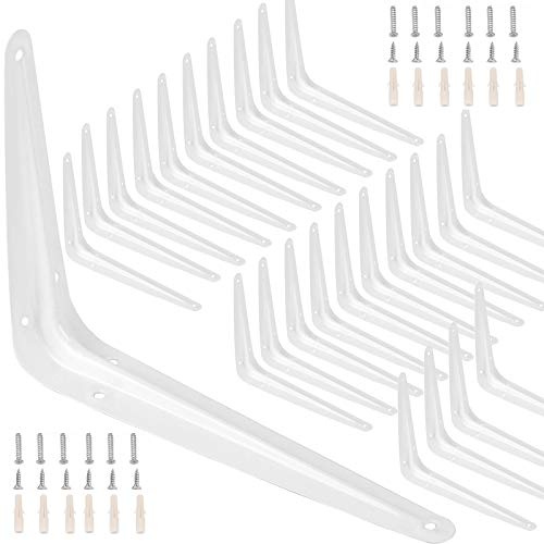 ZOENHOU 24 Packs 10 x 8 Inch White Shelf Brackets, Heavy Duty L-Bracket Supports with 144 Screws &72 ExpansionTubes for Wall Hanging Shelves Decoration Clapboard Fixation