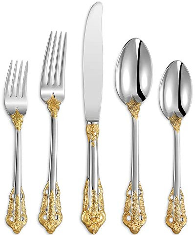 KEAWELL Luxury 20-Piece 18/10 Stainless Steel Flatware Set (Gold Accent)