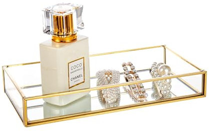 Feyarl Glass Vanity Tray Gold Mirrored Trays Jewelry Trinket Trays Small Perfume Tray Rings Earrings Organizer Decorative Tray for Dressr Drawer Office Tabletop (7.87 inch)