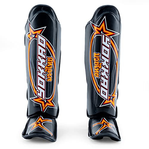 YOKKAO Espinilleras verticales de Muay Thai con protección para pies y rodillas, espinilleras ligeras para kickboxing, MMA y todos los deportes, espinilleras de pie con correas, talla S, color negro