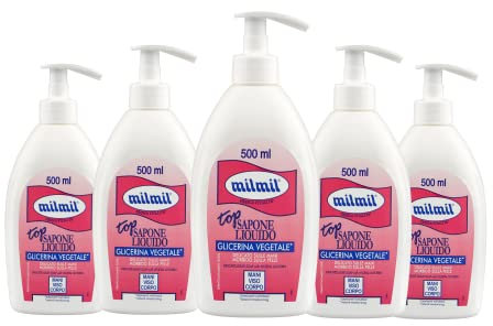 Milmil Sapone Liquido Top con Glicerina Vegetale, Idratante Naturale, con Dispenser, Sapone Mani, Viso e Corpo, Dermatologicamente Testato - 5 x 500 ML
