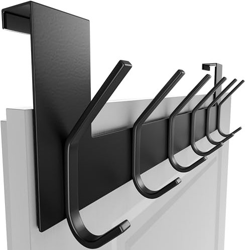 SKOLOO Türgarderobe mit 6 Haken, Türhaken Zum Einhängen Ohne Bohren, Kleiderhaken Tür für Küche, Badezimmer, Wohnzimmer und Flur, Schwarz