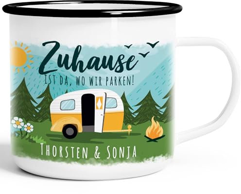 SpecialMe® Emailletasse personalisiert mit Namen Zuhause ist da wo wir parken Wohnwagen Camping Geschenke emaille-weiß-schwarz standard