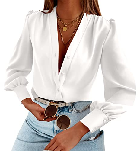 Women's Business Casual Tops Summer Long Sleeve Button Down Shirts V Neck Chiffon Blouses A-White