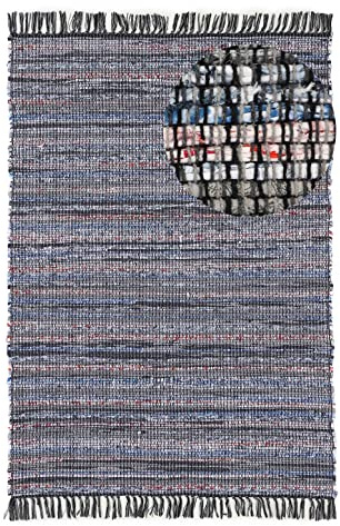 carpetfine Flickenteppich Kelim Chindi Schwarz 60x110 cm | Fleckerlteppich aus Baumwolle für Wohnzimmermit Fransen