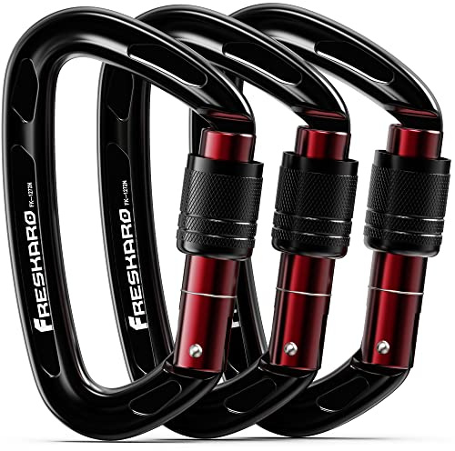 FresKaro Rock Climbing Carabiner Clips Heavy Duty, Screw Gate Locking, UIAA Certifed, 25kN Karabiner for Rappelling, Hunting, Hiking, Gym Equipment, or Survival Gear Kit, 4Inch, Black, 3Pack