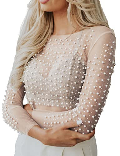 PAODIKUAI Body transparente de manga larga para mujer, blusa de malla con diamantes de imitación de perlas, Blanco, M