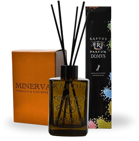 RAPTUS Minerva Tobacco & Patchouli Diffusore Profumo Ambiente 300ml con Bastoncini in Legno Naturale Fragranza al Tabacco e Patchouli Bottiglia in Vetro Marrone Elegante per Casa e Ufficio
