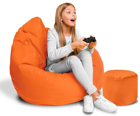 DreamRoots Sitzsack für Kinder und Erwachsene - Sitzsack mit Füllung, Lehne, Hocker und Bezug - Oxford Stoff 220 gr/m2 Wasserdicht - Sitzkissen Boden - Chill Sack S, Orange