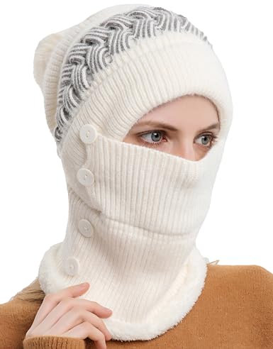 FEOYA Schlupfmütze Damen Sturmhaube Winddicht Schalmütze Fleece Gefüttert Wintermütze Warm Strickmütze Winter Strick Balaclava Mütze Kapuzen-Schal Gesichtshaube für Winter