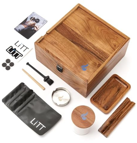 LITT Wooden Stash Box Set with Integrated Rolling Tray & Accessories - Sleek, Discreet Storage Organizer Solution for the Contemporary Lifestyle (Brown)