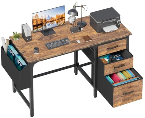 Lufeiya Computer Desk with Fabric File Drawers,120cm Reversible Home Office Desks with Filing Cabinet for Small Space Gaming Study Writing Table PC Desks, Rustic Brown