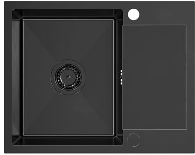 VBChome Edelstahlspüle Schwarz 60 x 48 cm – Einbauspüle aus dicker Edelstahl, Großes Becken mit Abtropffläche, 2 Löcher, inkl. Siphon Schwarz – Küchenspüle