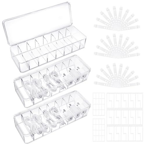 ProSuites Cable Organizer Box with Lid, 3 Pcs Clear Cord Storage Organizer with 30 Cable Ties 62 Cable Labels, Charger Organizer for Office Desk Drawer Organizers and Accessories