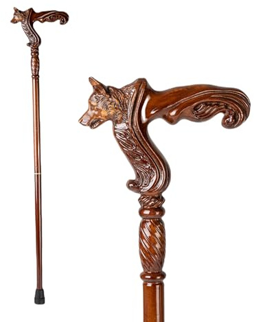 Hand Carved Wooden Walking Cane with Ergonomic Handle and Rubber Tip for Men and Women - Fashionable Unique Walking Stick for Seniors - 37 inch (Wolf)