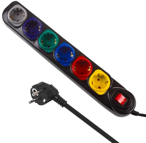 Maclean 6-Fach Steckdosenleiste mit Schalter | 1,5 Kabel, Verlängerungsleiste | Mehrfach-Steckdosenleiste | Kinderschutz | Wandmontage | 2500W (Schwarz/Mehrfarbig, 6-Fach Steckdosenleiste)