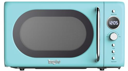 Total Chef Microwave Oven 20L 700W Retro Mini Ovens Digital LED Display 8 Preset Modes 5 Cooking Power Levels 60 Min Timer Removable Glass Turntable Countertop Freestanding Small Microwaves Blue