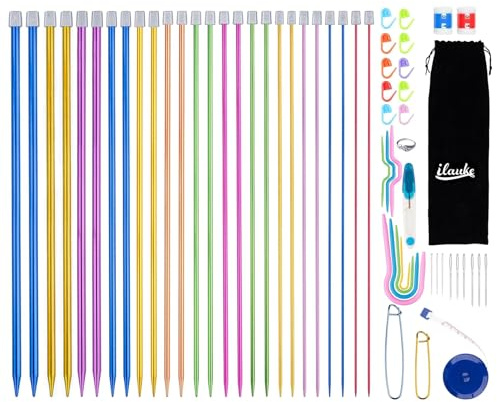 ilauke Lot de 60 aiguilles à tricoter, 13 paires 35cm d'aiguilles à tricoter circulaires interchangeables en acier inoxydable 2 mm-10 mm, point de verrouillage, mètre ruban (13 couleurs)