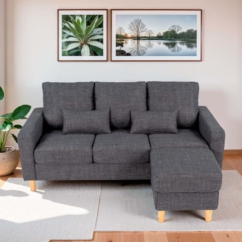 Hroth Sofa 3 Seater Living Room,3 Seater Sofa with Ottoman and 2 Throw Pillow，Small Corner Sofa with Storage，Comfortable and Soft Dark Grey Sofa with L-shaped