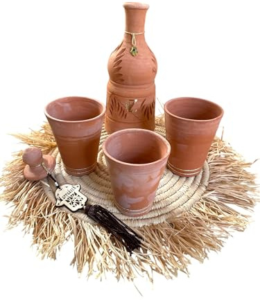 Set brocca d'acqua in argilla naturale | Caraffa e tazze in terracotta non smaltata + vassoio | Piccola caraffa per fango tradizionale | Barattolo di ceramica per acqua potabile 1 l +o -