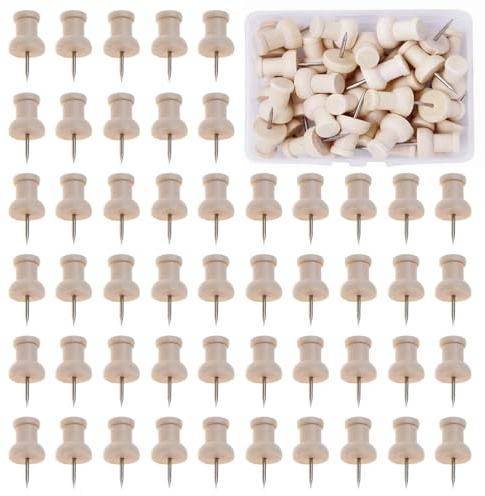 50 Pack 23mm, Wooden Push Pins – Natural Wood, Solid Wood Head for Cork Board, Bulletin Board, School, Office, Home Use (Raw Wood)