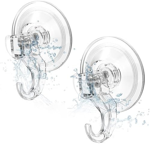 Elegear Suction Hooks for Bathroom, 3Kg Heavy Duty Plastic Strong Vacuum Suction Cup, Reusable Sucker Hook for Shower Kitchen Window Front Door Hanging Towel Caps Bags Coats Xmas Wreath, 2 Pack, Clear