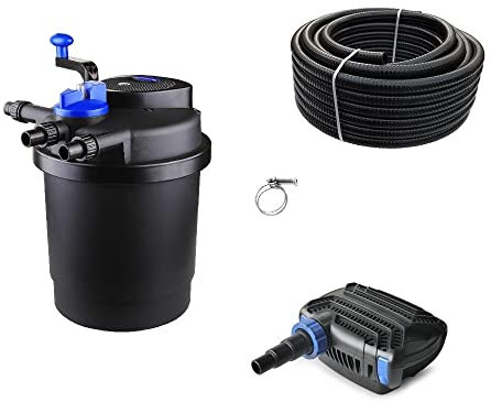 AquaOne Teichfilter Set mit Teichpumpe I Filteranlage CPF-2500 für einen Teich bis 6.000 Liter I Komplettset mit UV Lampe Eco Pumpe 10 Watt Teichschlauch Nr.17