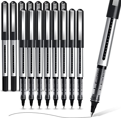 AKARUED Tintenroller Stifte Schwarz- 16 Stück Flüssigtinte Rollerball Stift, 0,5mm Schnelltrocknende Kugelschreiber Gelstifte für Schreiben, Journaling, Notizbuch, Bürobedarf für Schule und Geschäft