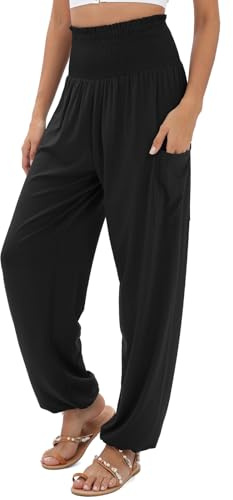 QIANXIZHAN Women's Harem Pants, High Waist Yoga Boho Trousers with Pockets Black 1 XL
