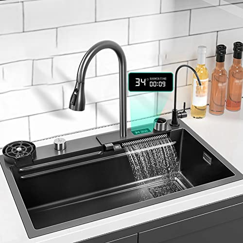 Intelligenz Wasserfall Becken Waschbecken, Single Bowl Kitchen Spüle 304 Edelstahl, Workstation Kitchen Spüle Mit Pull-Out-Hahn, Schneidebrett, Cup Washer (Color : Black-Grey, S : 75x46cm)