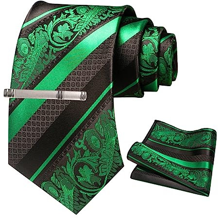 JEMYGINS Herren Krawatten Set mit gemischtem Rosen und Streifenmuster inklusive Krawattenklammer und Taschentuch Grün