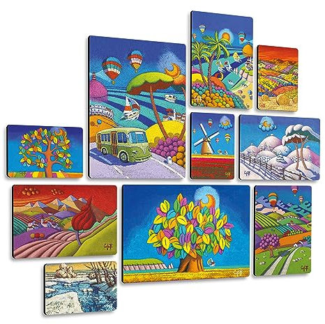 Giallobus - Conjunto de 10 pinturas de paneles múltiples - Stefano Calisti - colección temporadas - Madera de MDF - | 2 x 42x29,7cm | 4 x 29,7x21cm | 4 x 21x14,85cm | - Listo para colgar - Cuadros