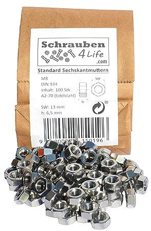 Sechskantmutter Edelstahl Plastikfreiverpackt Schrauben4Life - A2-70, DIN934 Edelstahl, Muttern für Industrie, Garten und Haus (100, M8)