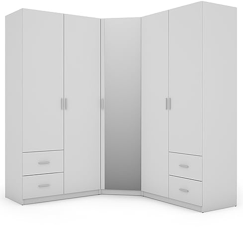 e-Meblast Eckschrank mit Spiegel 189 x 214 x 54 cm Kleiderschrank Schlafzimmer - Wohnzimmer Eck Ecke Eckeschrank 20 Einlegeböden 4 Schubladen 3 Kleiderstange (Weiß/Weiß)
