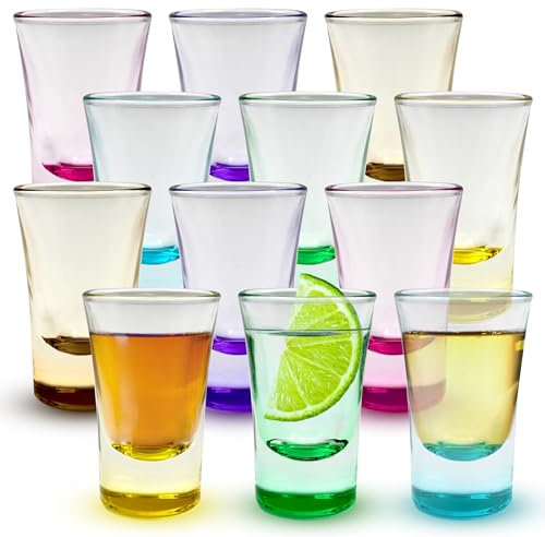 Volila Coloured 25ml - 12 Pack Heavy Base Classic Shot Glasses - Set for Alcohol Shots, Vodka, Expresso, Tequila & Desserts - Durable and Reusable for Home, Bars & Party