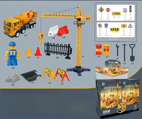 AptoFun Baufahrzeug-Serie Kran (37 * 41,5cm) + Drücken und los. Fahrmischer (16,4 * 7,6 * 4,8cm) mit 2* Arbeiter mit Werkzeug und Diverse Verkehrsschilder