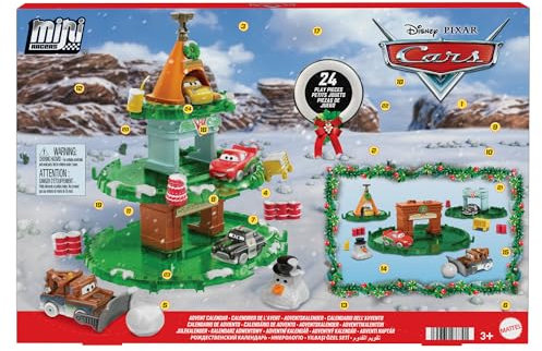 Mattel Disney Pixar Cars Calendario de Adviento, Caja con 24 sorpresas que incluye 4 mini coches de juguete, 1 pista apilable y accesorios, regalo para niños y niñas +3 años, HXT34